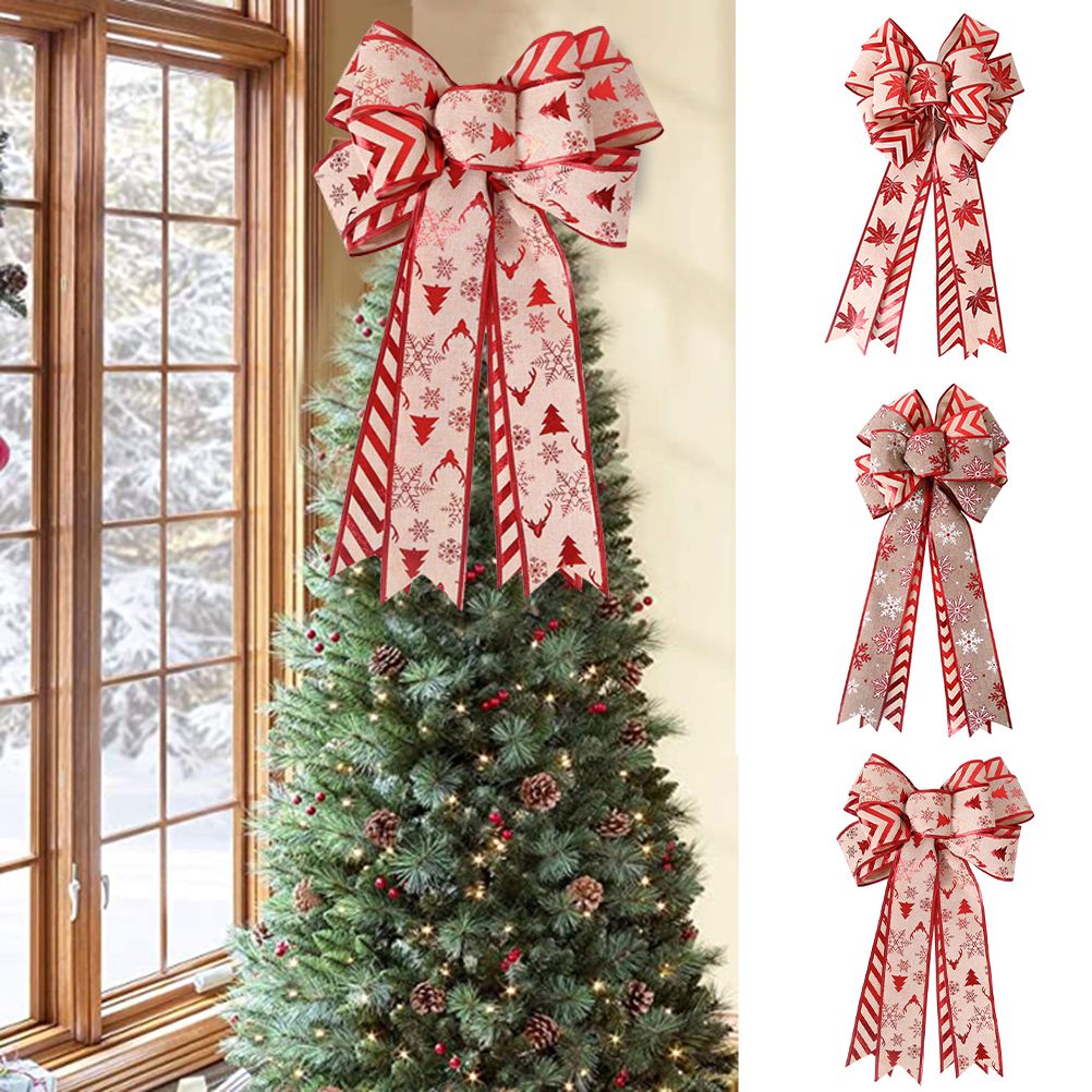 Christmas Double Layer Linen Bow Christmas Bowknot for Xmas Tree Decorations Maple Leaf Striped Snowflake V1294-YM0523-10321467