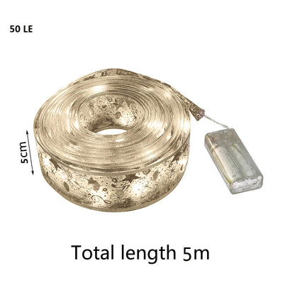 50 LED 5M Christmas Ribbon Bows With LED Fairy Lights Strings Christmas Tree Ornaments New Year Home Decor V1294-YM0523-10321826