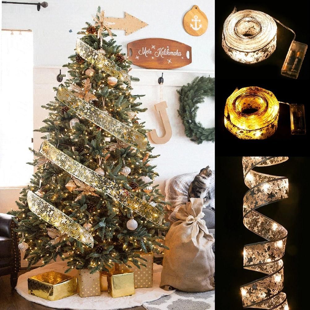 50 LED 5M Christmas Ribbon Bows With LED Fairy Lights Strings Christmas Tree Ornaments New Year Home Decor V1294-YM0523-10321826
