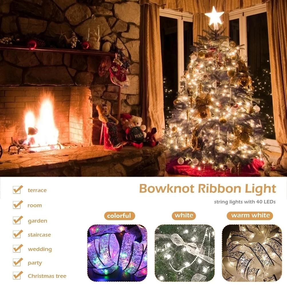 50 LED 5M Christmas Ribbon Bows With LED Fairy Lights Strings Christmas Tree Ornaments New Year Home Decor V1294-YM0523-10321826
