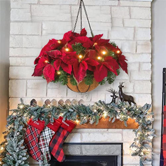 Pre Lit Christmas Hanging Basket Flocked with Mixed Decorations and LED Lights Artificial Frosted Berry Pine V1294-YM0523-10323269