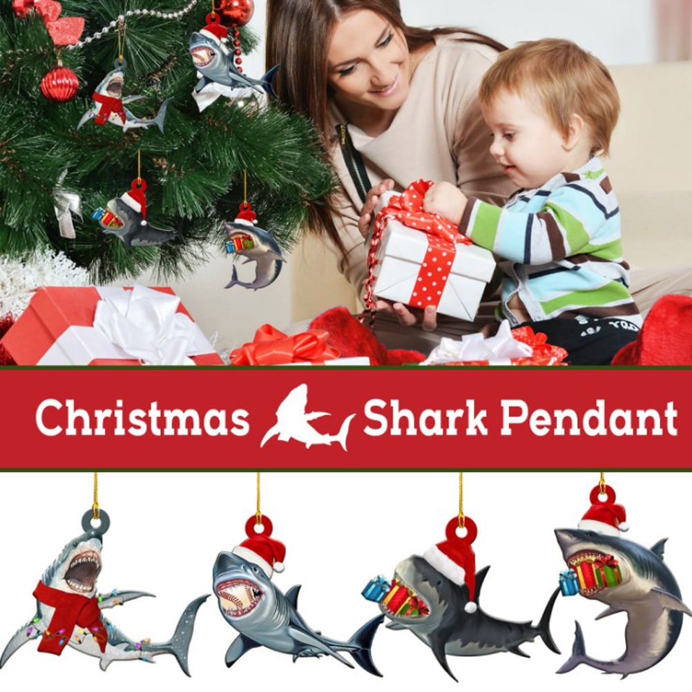 Christmas Decorations Wooden Shark Family Pendant Cute Fun Christmas Tree Hanging Decorations V1294-YM0523-10323454