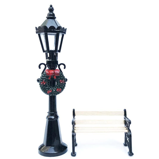 2Pcs Miniature Christmas Street Lamp Post Park Bench Seat Mini Street Light Model Dollhouse Xmas Village V1294-YM0523-10323650