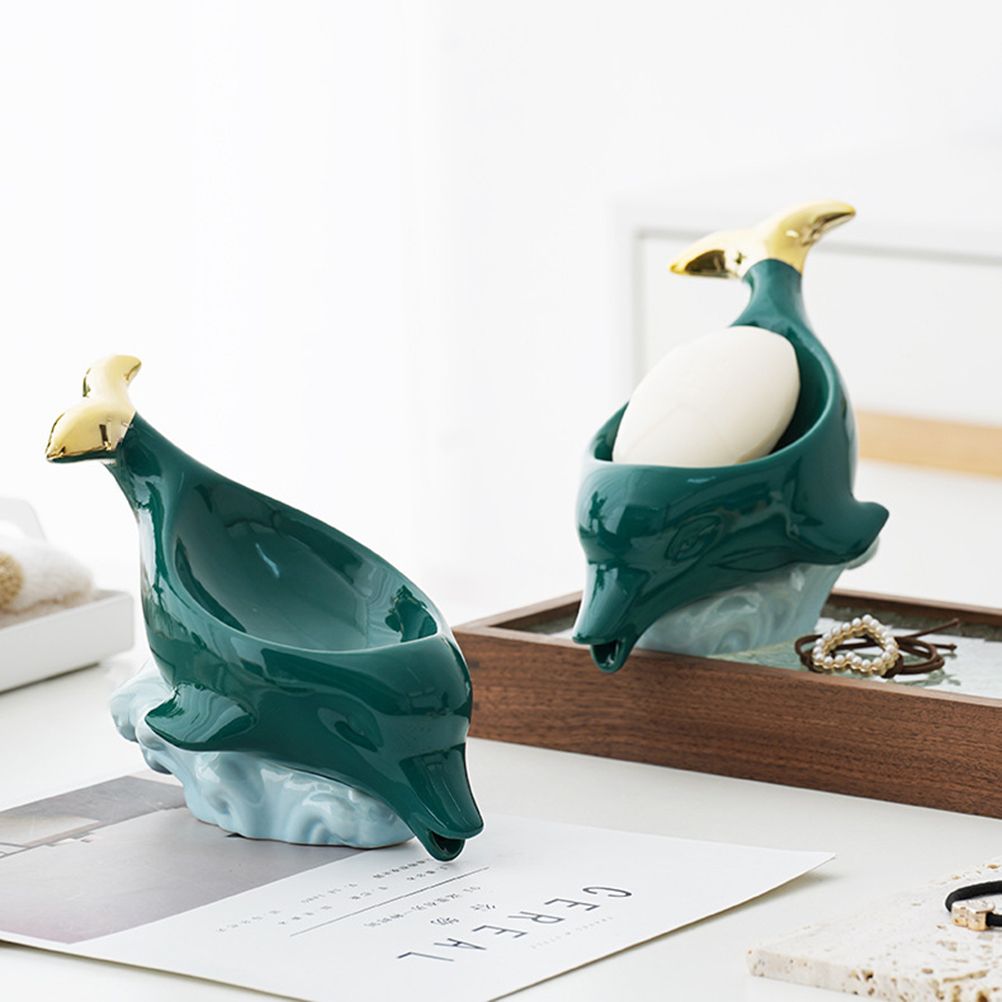 Dolphin Ceramic Soap Box Drain Soap Dish Box Bathroom Supplies Home Decoration Accessories Drain Soap Holder V1294-YM0523-10335929