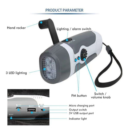 Hand Crank Charging Flashlight with 3 LED Light FM Radio Alarm for Travel Camping Mining Disaster V1294-YM0523-10337485