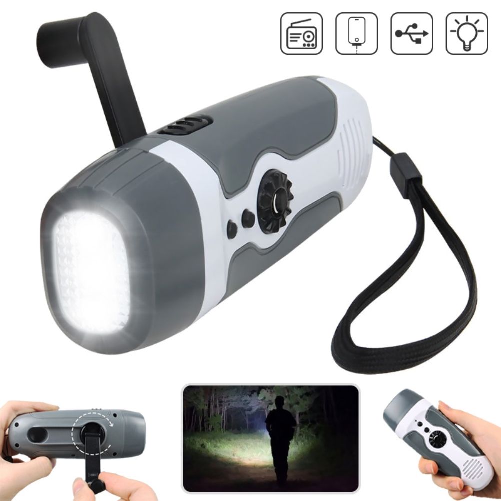Hand Crank Charging Flashlight with 3 LED Light FM Radio Alarm for Travel Camping Mining Disaster V1294-YM0523-10337485
