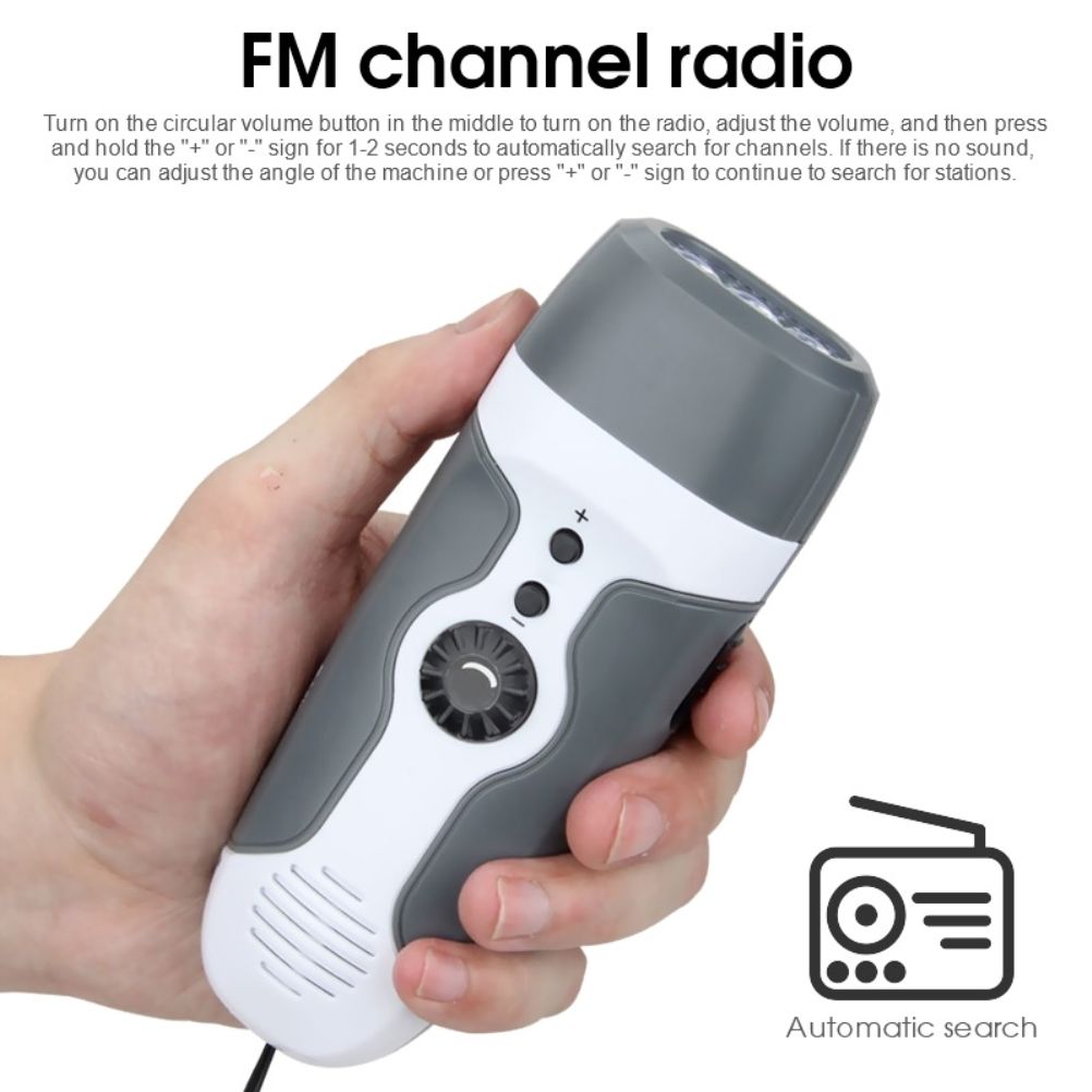 Hand Crank Charging Flashlight with 3 LED Light FM Radio Alarm for Travel Camping Mining Disaster V1294-YM0523-10337485