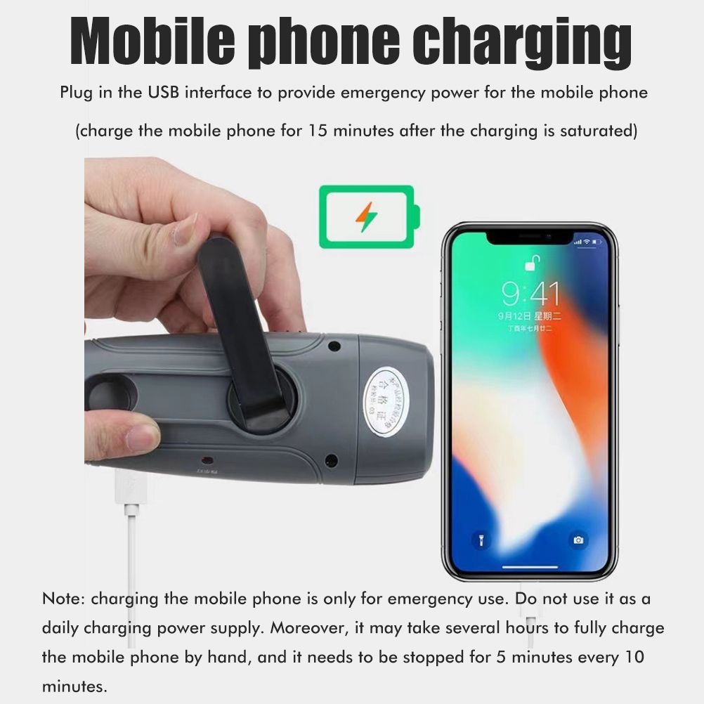 Hand Crank Charging Flashlight with 3 LED Light FM Radio Alarm for Travel Camping Mining Disaster V1294-YM0523-10337485