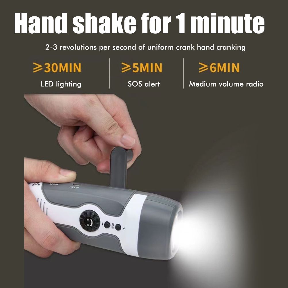 Hand Crank Charging Flashlight with 3 LED Light FM Radio Alarm for Travel Camping Mining Disaster V1294-YM0523-10337485