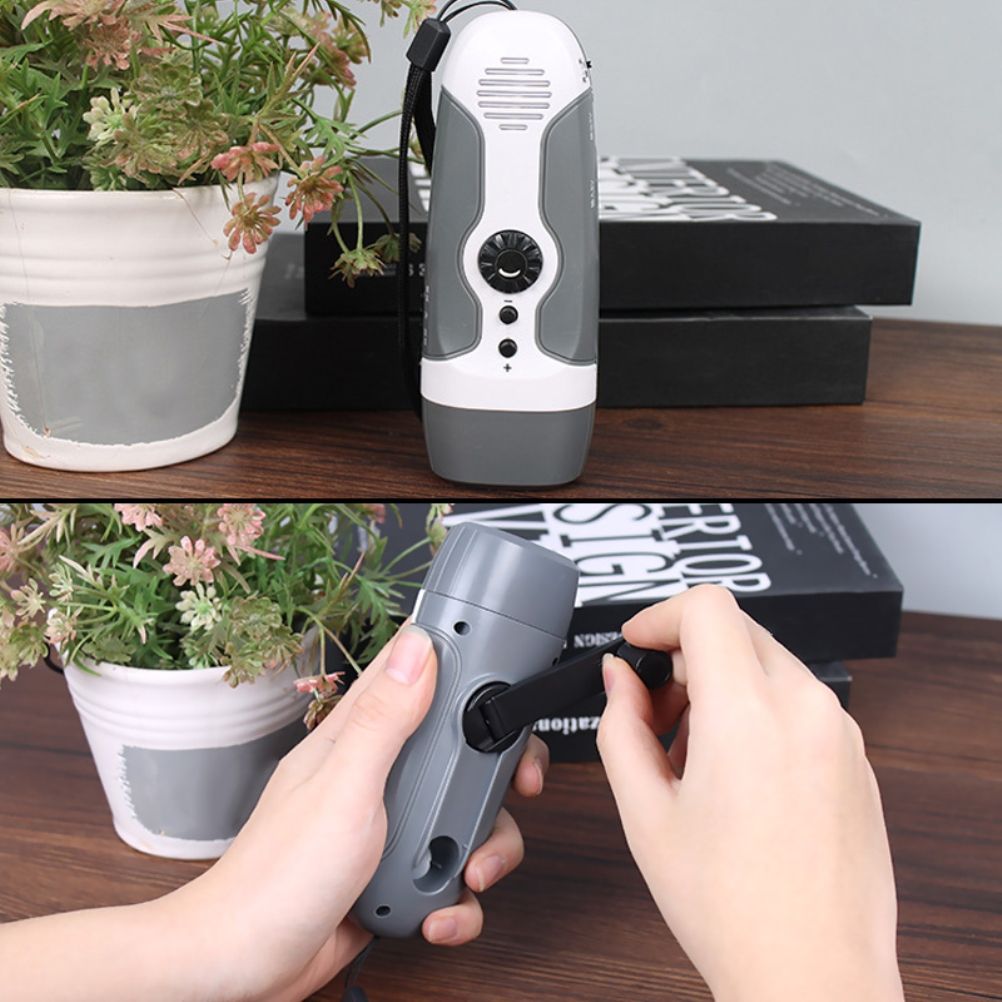 Hand Crank Charging Flashlight with 3 LED Light FM Radio Alarm for Travel Camping Mining Disaster V1294-YM0523-10337485
