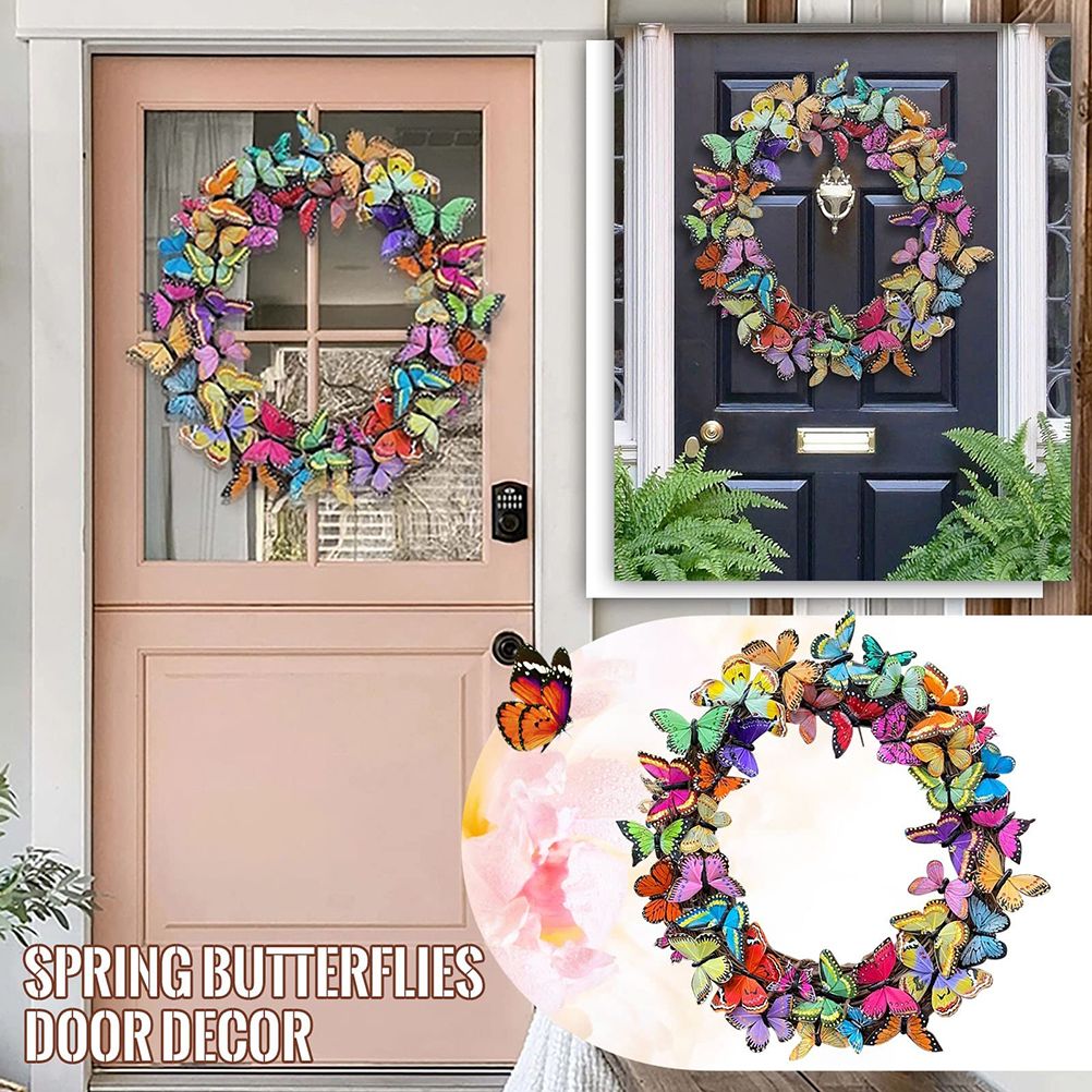 Artificial Butterfly Wreath Outdoor Decorative Welcome Wreath for Front Door Wall Window Spring Party V1294-YM0523-10337870
