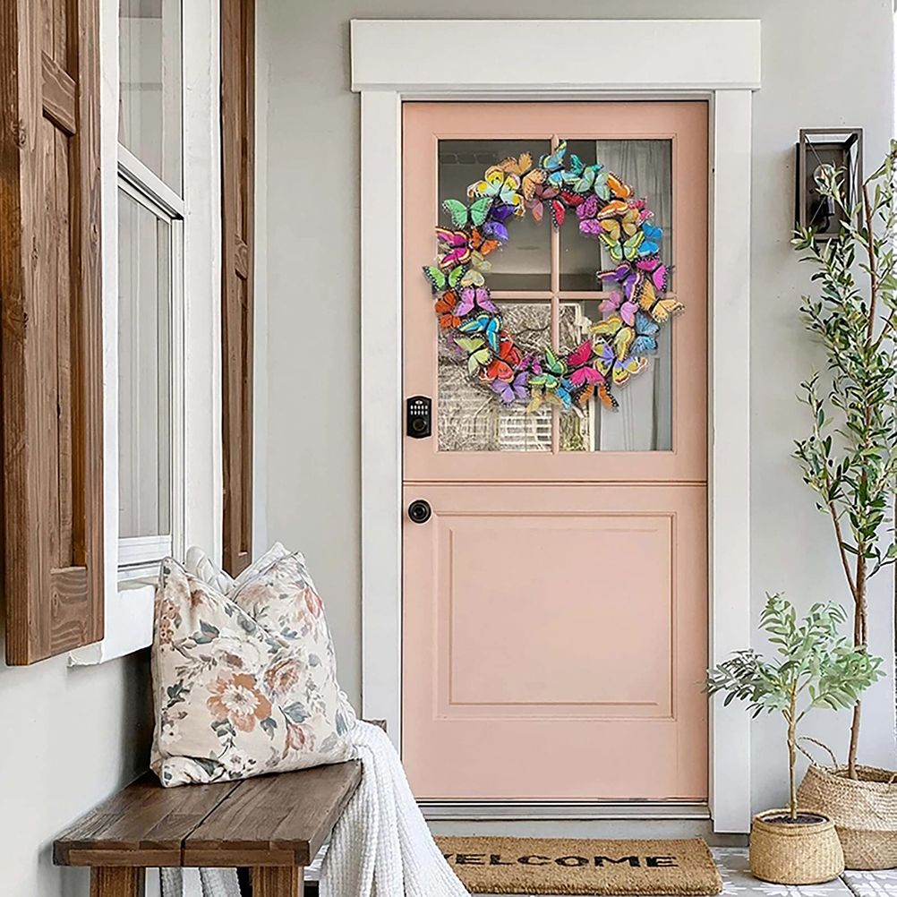 Artificial Butterfly Wreath Outdoor Decorative Welcome Wreath for Front Door Wall Window Spring Party V1294-YM0523-10337870