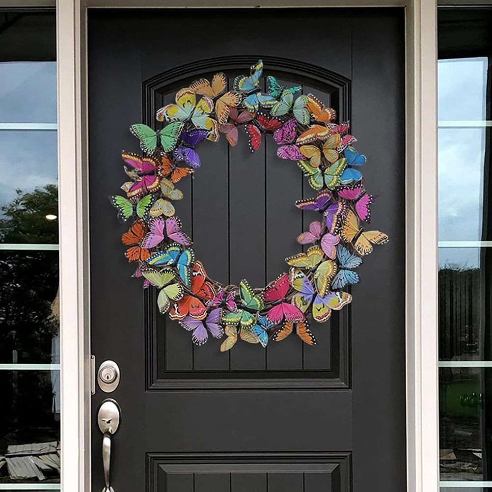 Artificial Butterfly Wreath Outdoor Decorative Welcome Wreath for Front Door Wall Window Spring Party V1294-YM0523-10337870