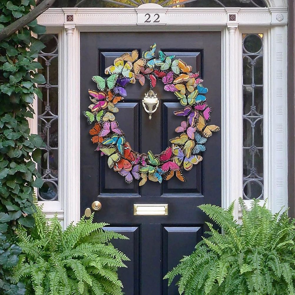 Artificial Butterfly Wreath Outdoor Decorative Welcome Wreath for Front Door Wall Window Spring Party V1294-YM0523-10337870