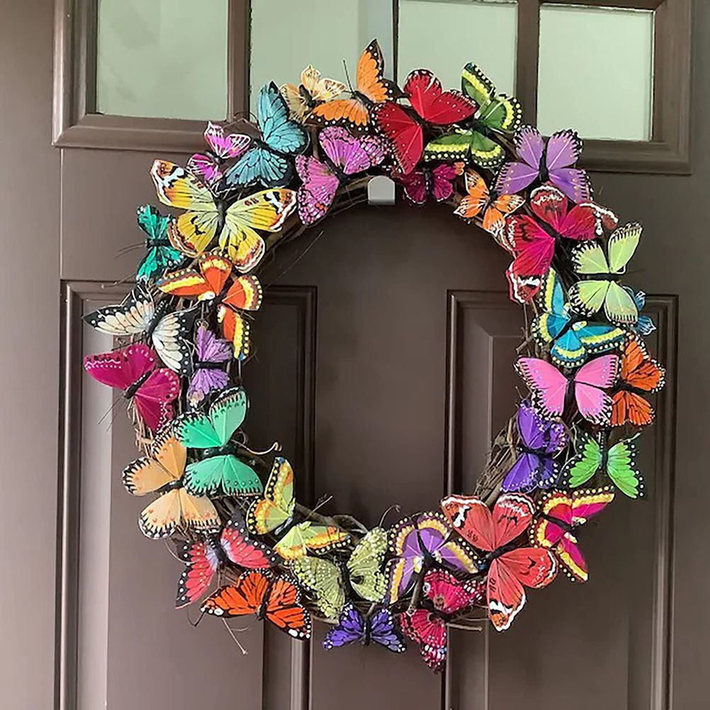 Artificial Butterfly Wreath Outdoor Decorative Welcome Wreath for Front Door Wall Window Spring Party V1294-YM0523-10337870