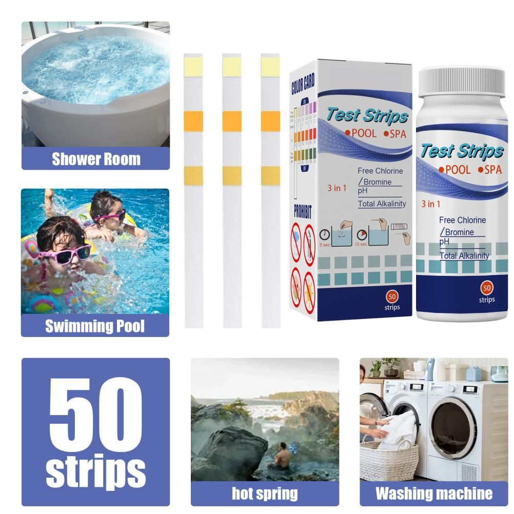 50Pcs 3 In 1 Test Strips Swimming Pool Water Quality Test Paper for Alkalinity Chlorine PH Free Chlorine V1294-YM0523-10338634