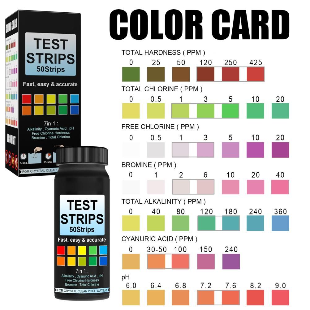 7 in 1 Swimming Pool Water Test Paper 50Pcs Water Quality Strips for Testing PH Chlorine Bromine Acidity V1294-YM0523-10338767