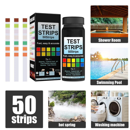 7 in 1 Swimming Pool Water Test Paper 50Pcs Water Quality Strips for Testing PH Chlorine Bromine Acidity V1294-YM0523-10338767