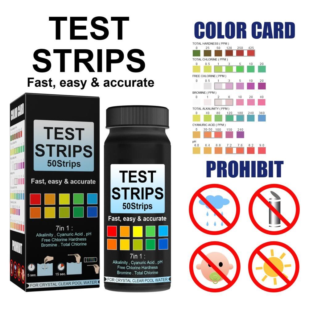 7 in 1 Swimming Pool Water Test Paper 50Pcs Water Quality Strips for Testing PH Chlorine Bromine Acidity V1294-YM0523-10338767