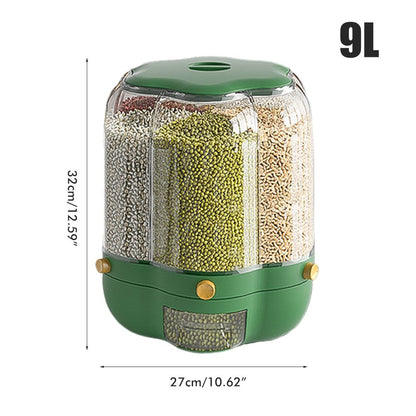Food Grain Storage Container Large Capacity 9L 6 Grid Rotatable Rice Dispenser Sealed Grain Food Storage Box V1294-YM0523-10341434