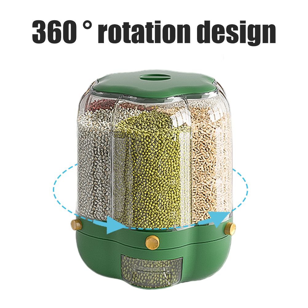 Food Grain Storage Container Large Capacity 9L 6 Grid Rotatable Rice Dispenser Sealed Grain Food Storage Box V1294-YM0523-10341434
