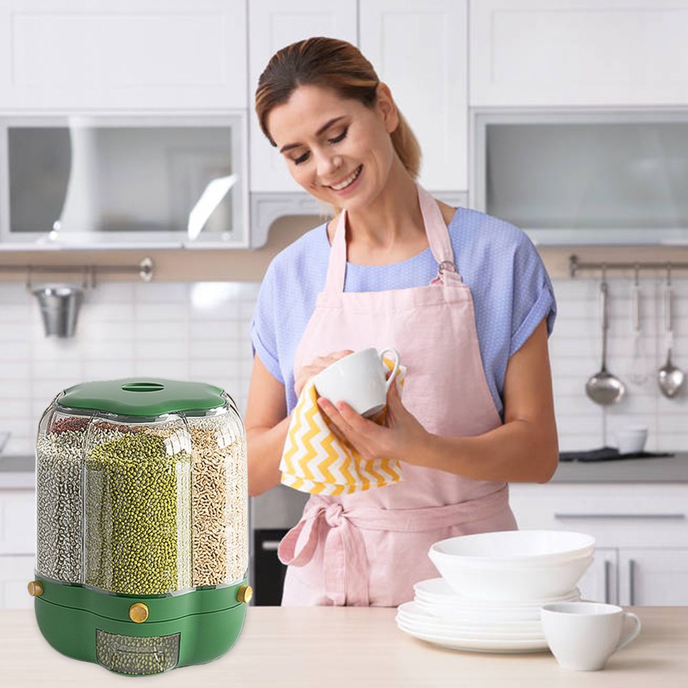 Food Grain Storage Container Large Capacity 9L 6 Grid Rotatable Rice Dispenser Sealed Grain Food Storage Box V1294-YM0523-10341434