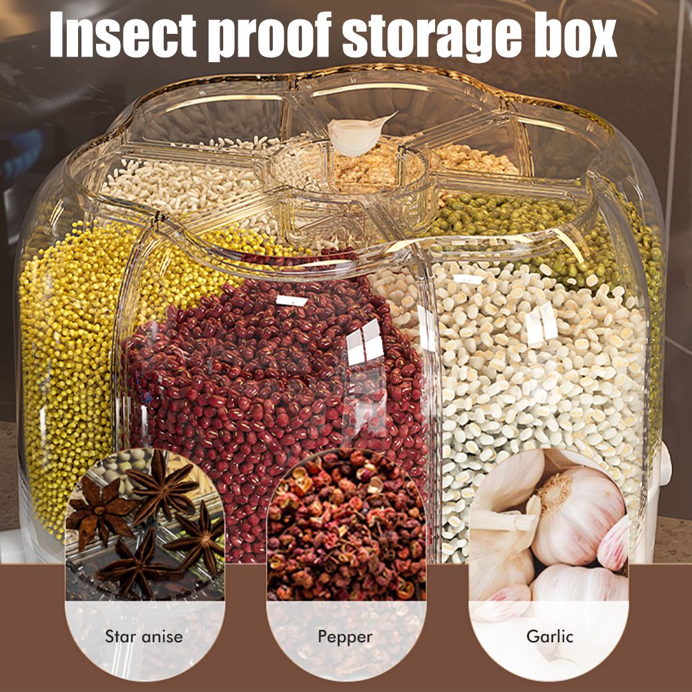 Food Grain Storage Container Large Capacity 9L 6 Grid Rotatable Rice Dispenser Sealed Grain Food Storage Box V1294-YM0523-10341434