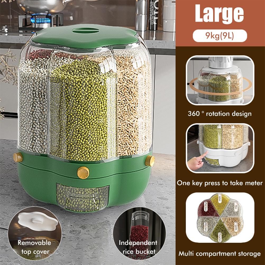 Food Grain Storage Container Large Capacity 9L 6 Grid Rotatable Rice Dispenser Sealed Grain Food Storage Box V1294-YM0523-10341434