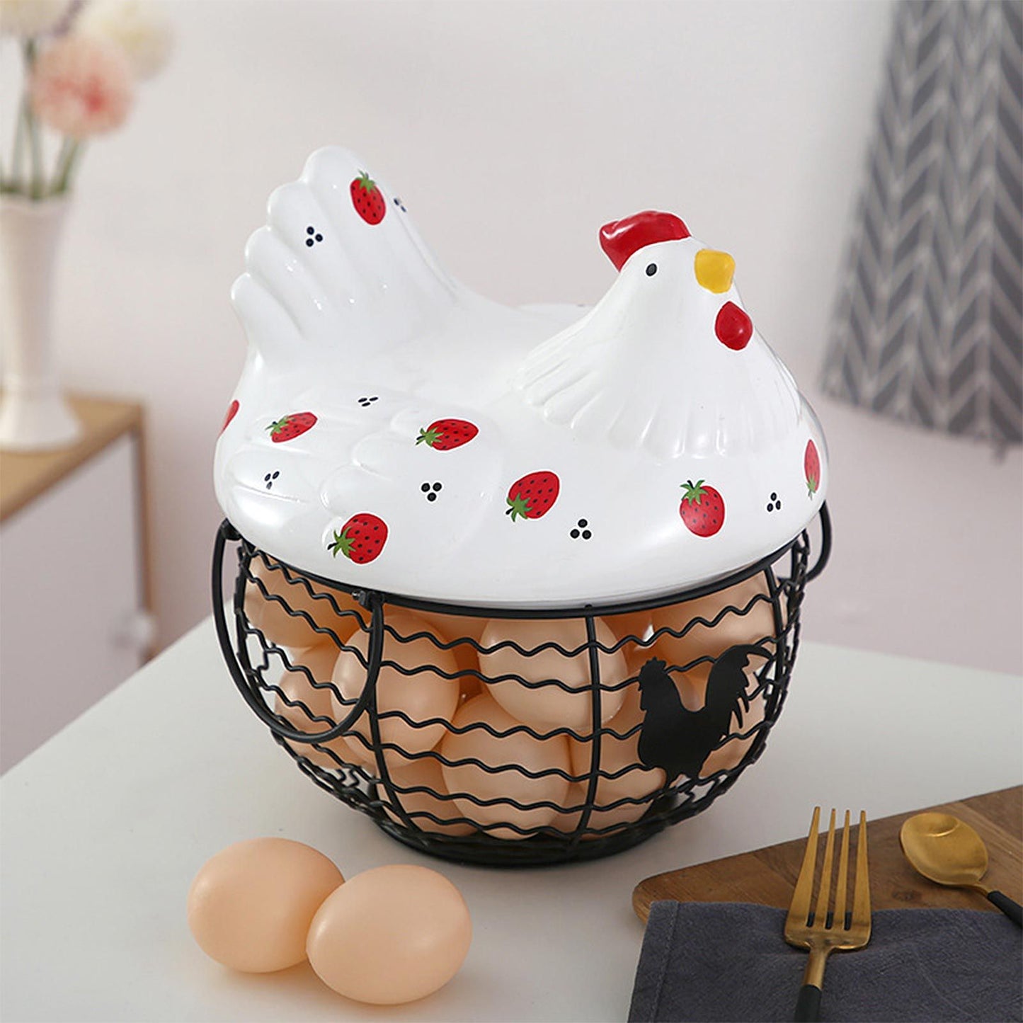 Strawberry Storage Basket Wrought Iron Basket Ceramic Egg Basket Living Room Fruit Storage Basket Kitchen V1294-YM0523-220113YA01-1