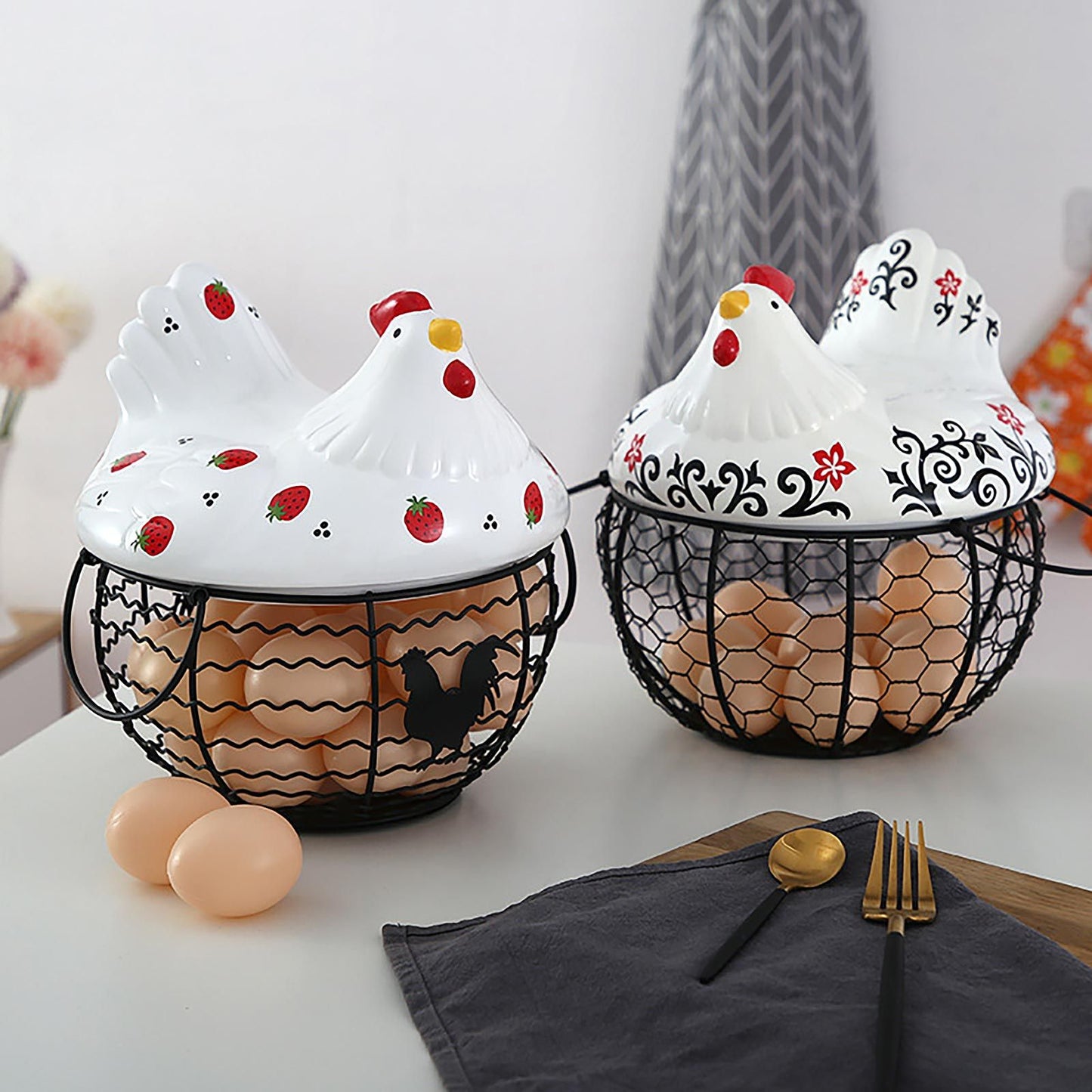 Strawberry Storage Basket Wrought Iron Basket Ceramic Egg Basket Living Room Fruit Storage Basket Kitchen V1294-YM0523-220113YA01-1