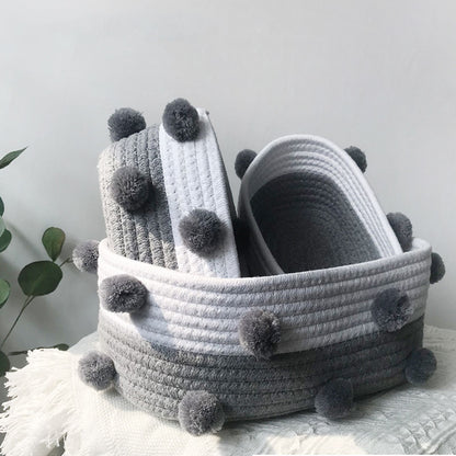 Cotton Rope Knitting With Fur Ball Storage Basket Snacks Keys Sundries Basket V1294-YM0523-220209HJ01-1