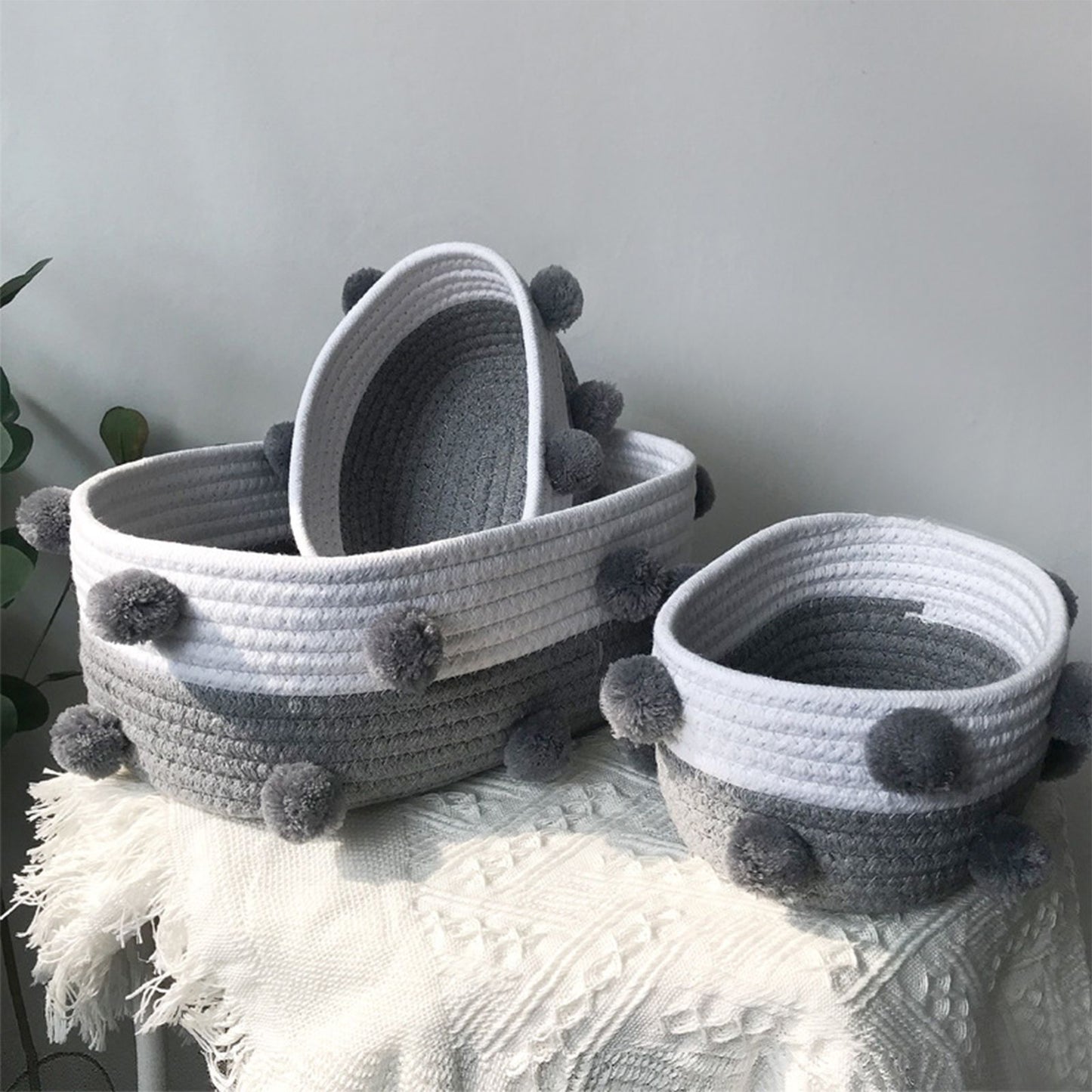 Cotton Rope Knitting With Fur Ball Storage Basket Snacks Keys Sundries Basket V1294-YM0523-220209HJ01-1