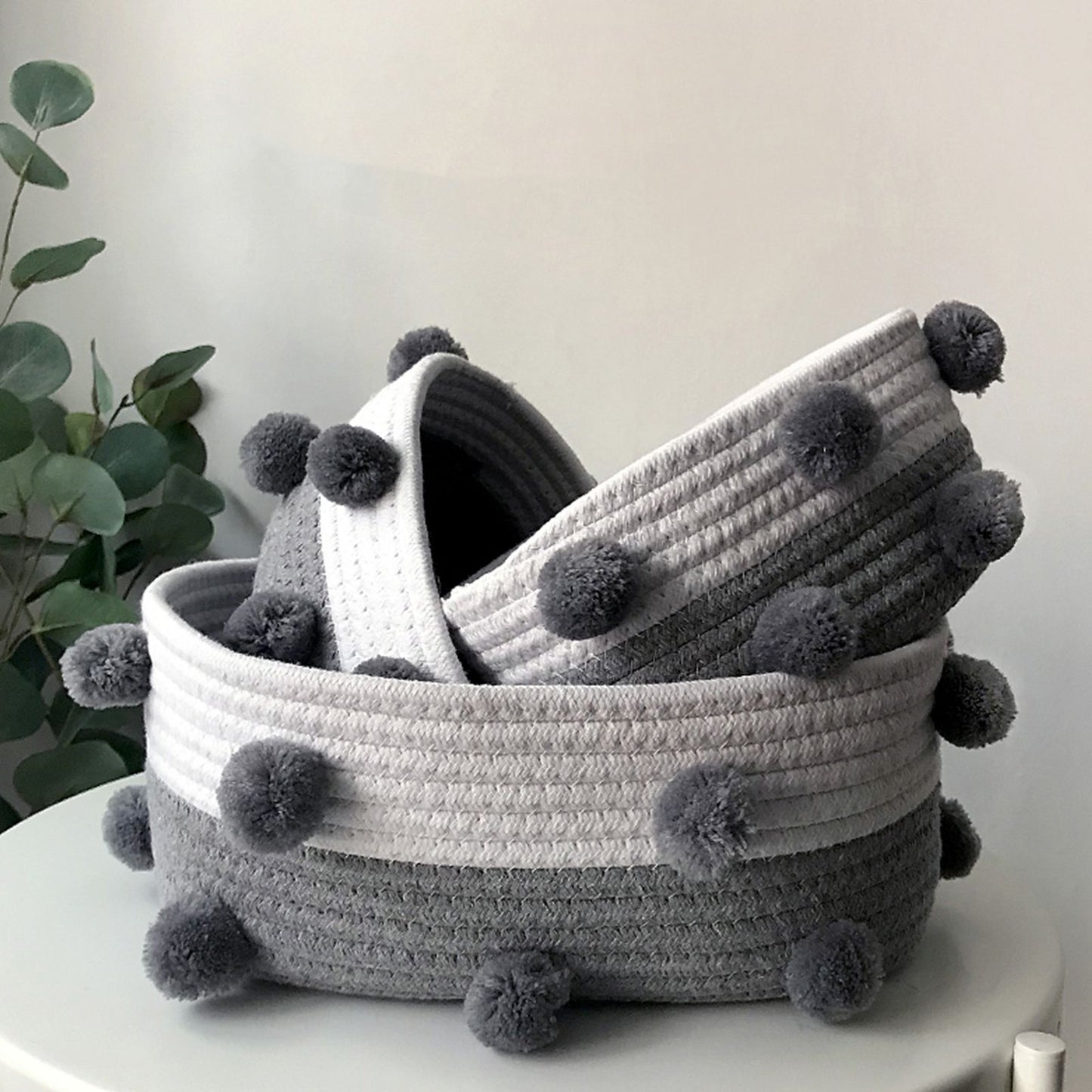 Cotton Rope Knitting With Fur Ball Storage Basket Snacks Keys Sundries Basket V1294-YM0523-220209HJ01-2