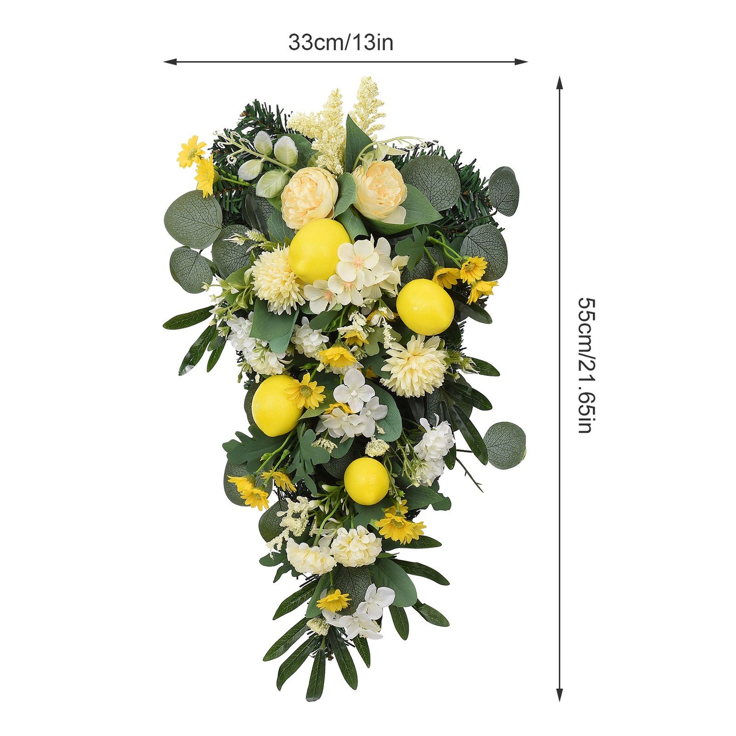 Spring Lemon Wreath Artificial Lemon Teardrop Wreath with Peony Flowers Green Leaves Decorative Fruit Wreath V1294-YM0523-220323TW02-2
