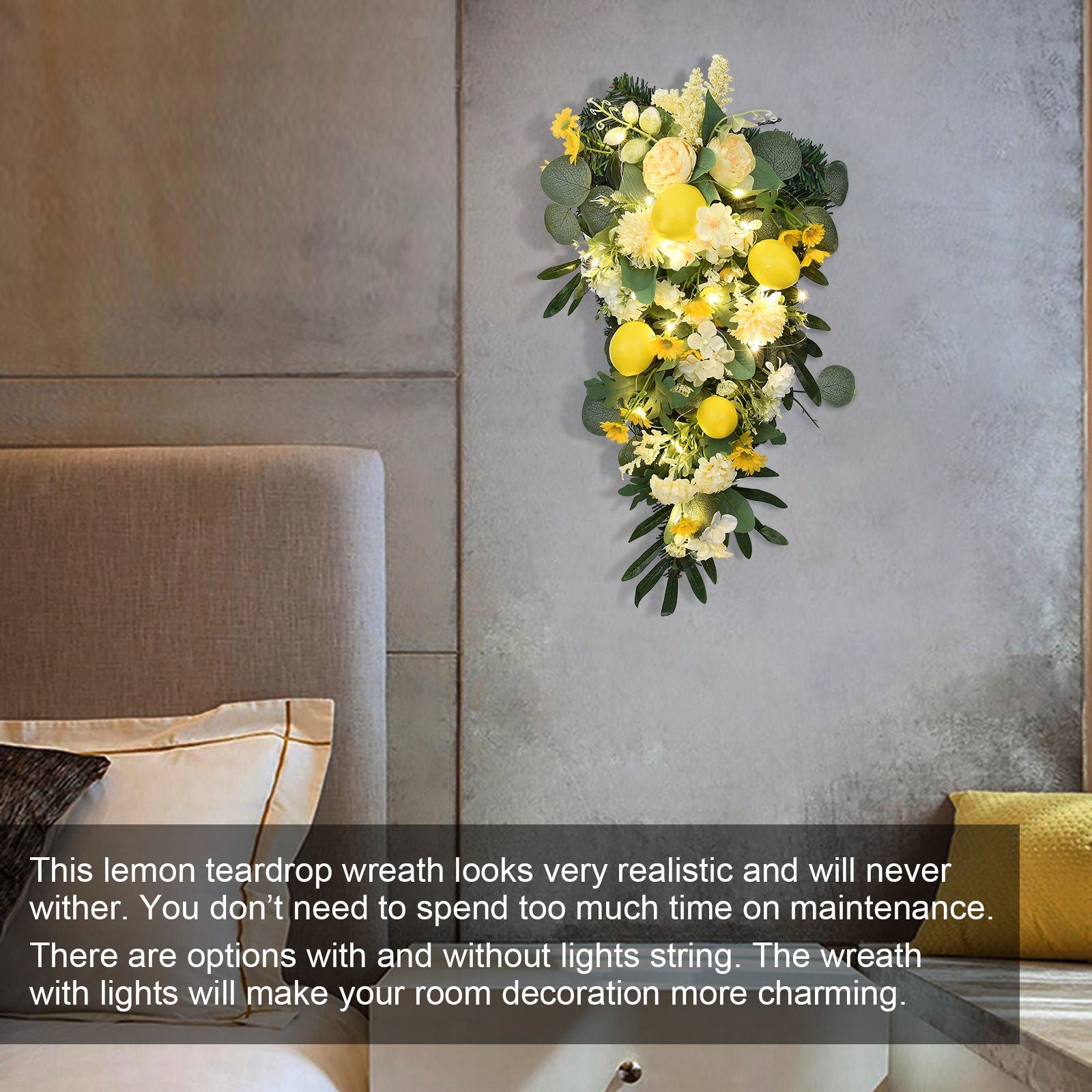 Spring Lemon Wreath Artificial Lemon Teardrop Wreath with Peony Flowers Green Leaves Decorative Fruit Wreath V1294-YM0523-220323TW02-2