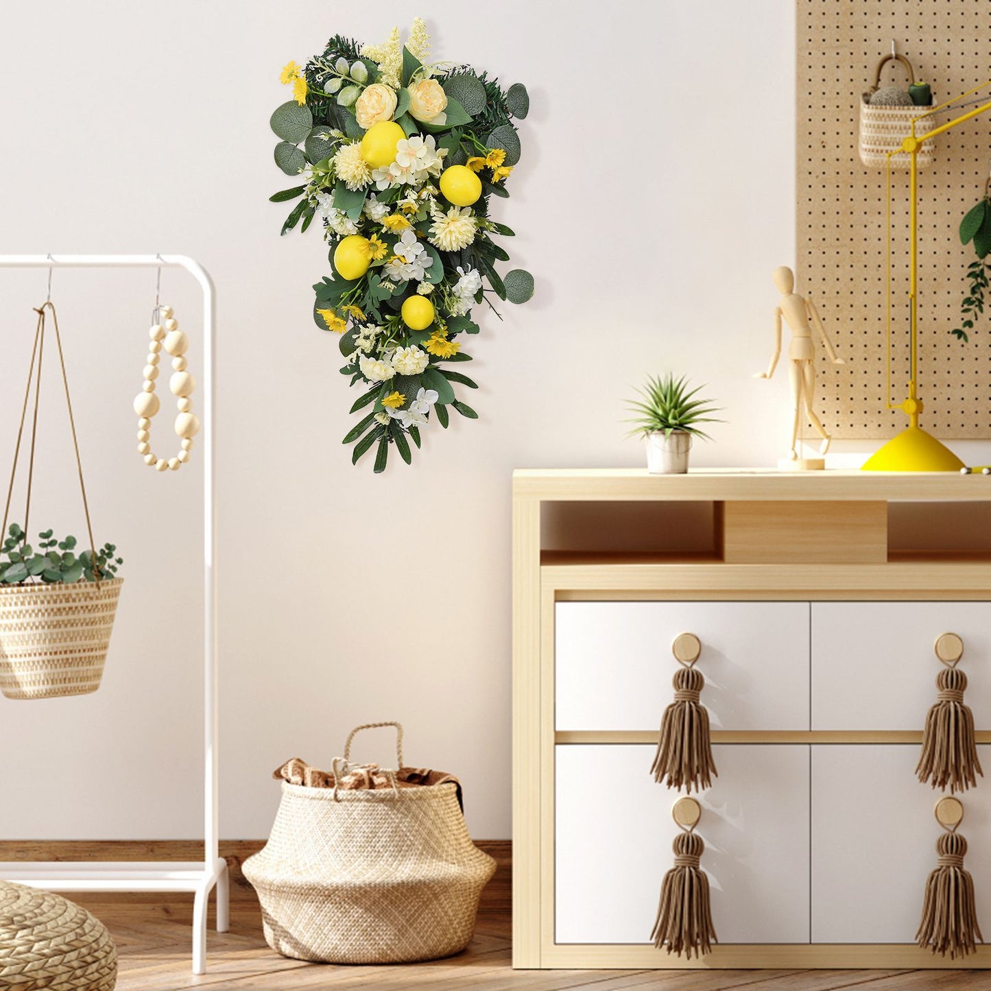 Spring Lemon Wreath Artificial Lemon Teardrop Wreath with Peony Flowers Green Leaves Decorative Fruit Wreath V1294-YM0523-220323TW02-2