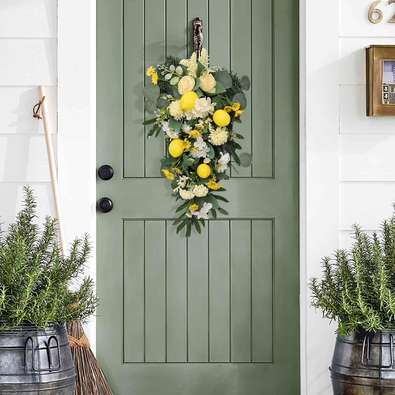 Spring Lemon Wreath Artificial Lemon Teardrop Wreath with Peony Flowers Green Leaves Decorative Fruit Wreath V1294-YM0523-220323TW02-2