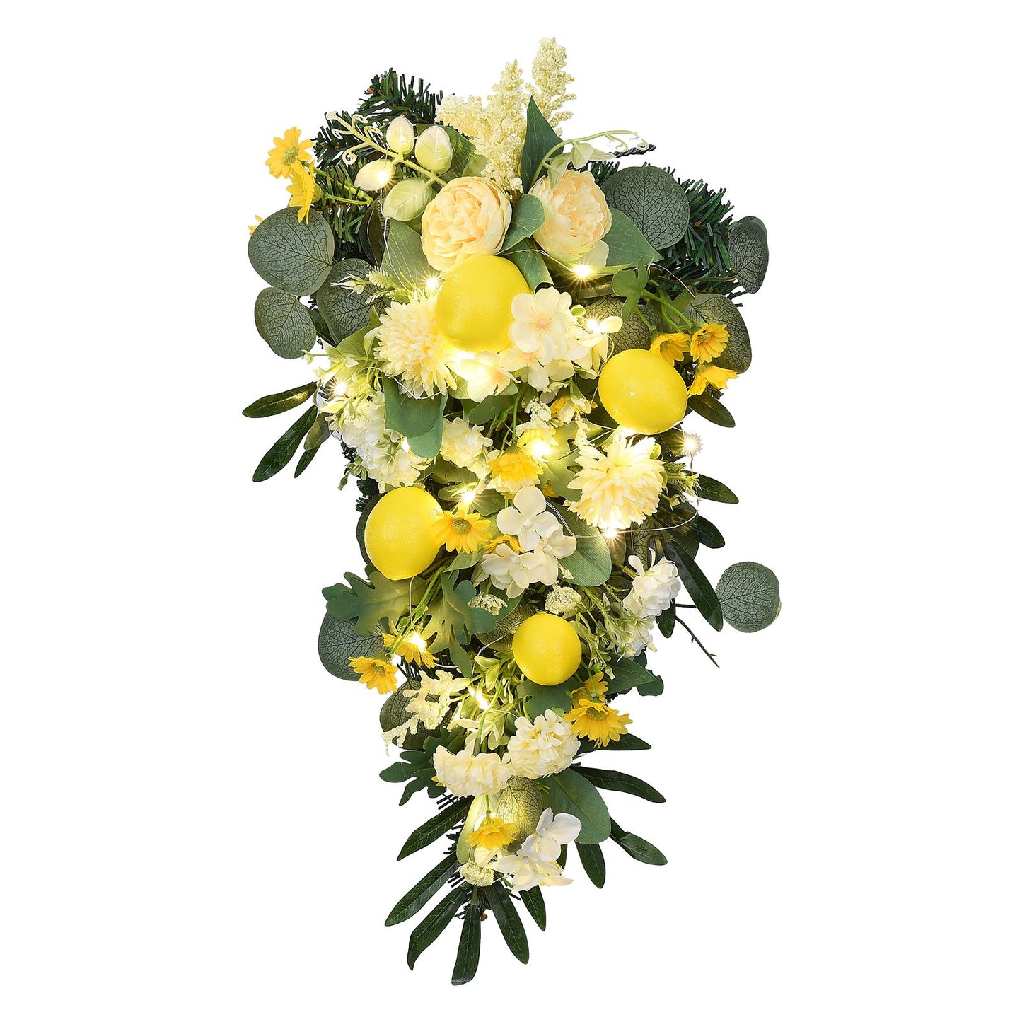 Spring Lemon Wreath Artificial Lemon Teardrop Wreath with Peony Flowers Green Leaves Decorative Fruit Wreath V1294-YM0523-220323TW02-2