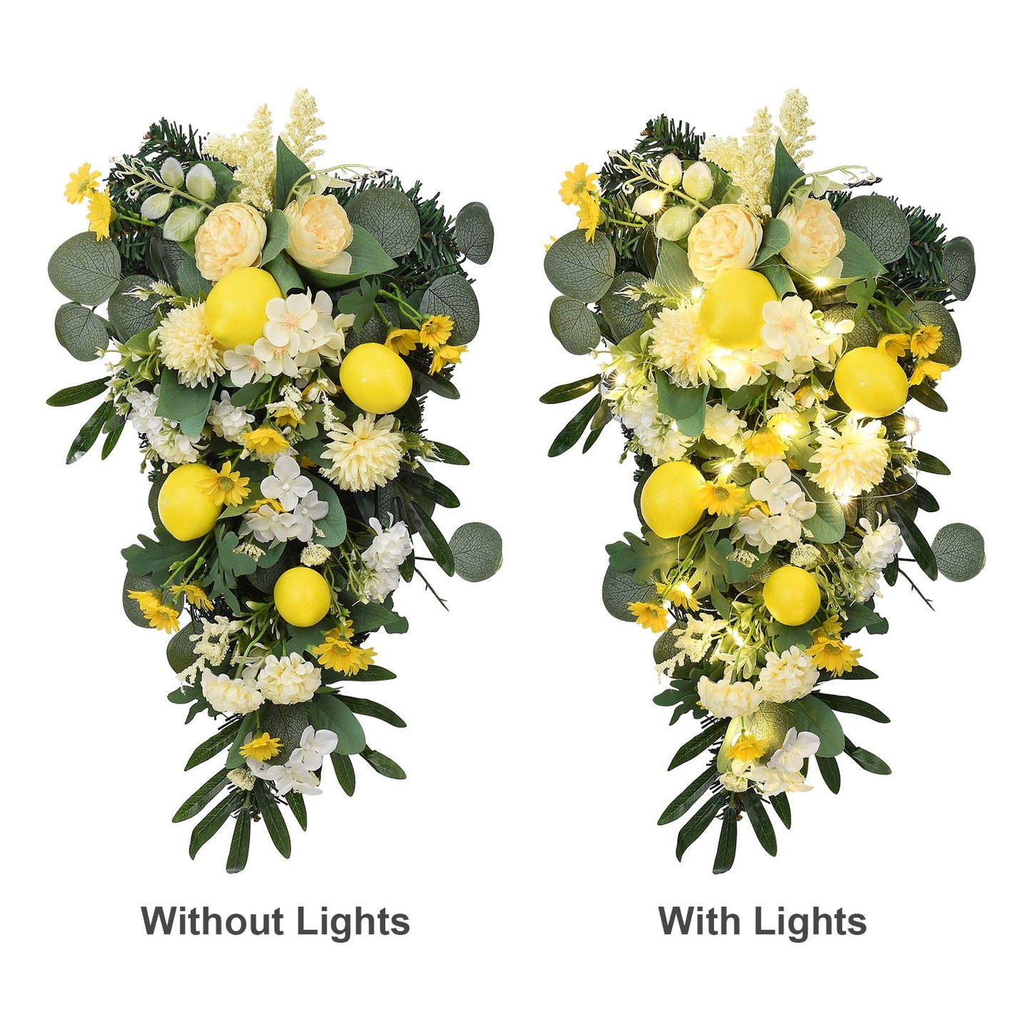 Spring Lemon Wreath Artificial Lemon Teardrop Wreath with Peony Flowers Green Leaves Decorative Fruit Wreath V1294-YM0523-220323TW02-2