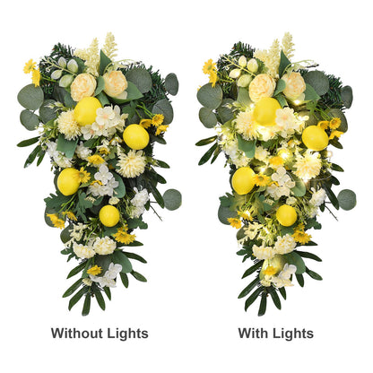 Spring Lemon Wreath Artificial Lemon Teardrop Wreath with Peony Flowers Green Leaves Decorative Fruit Wreath V1294-YM0523-220323TW02-2