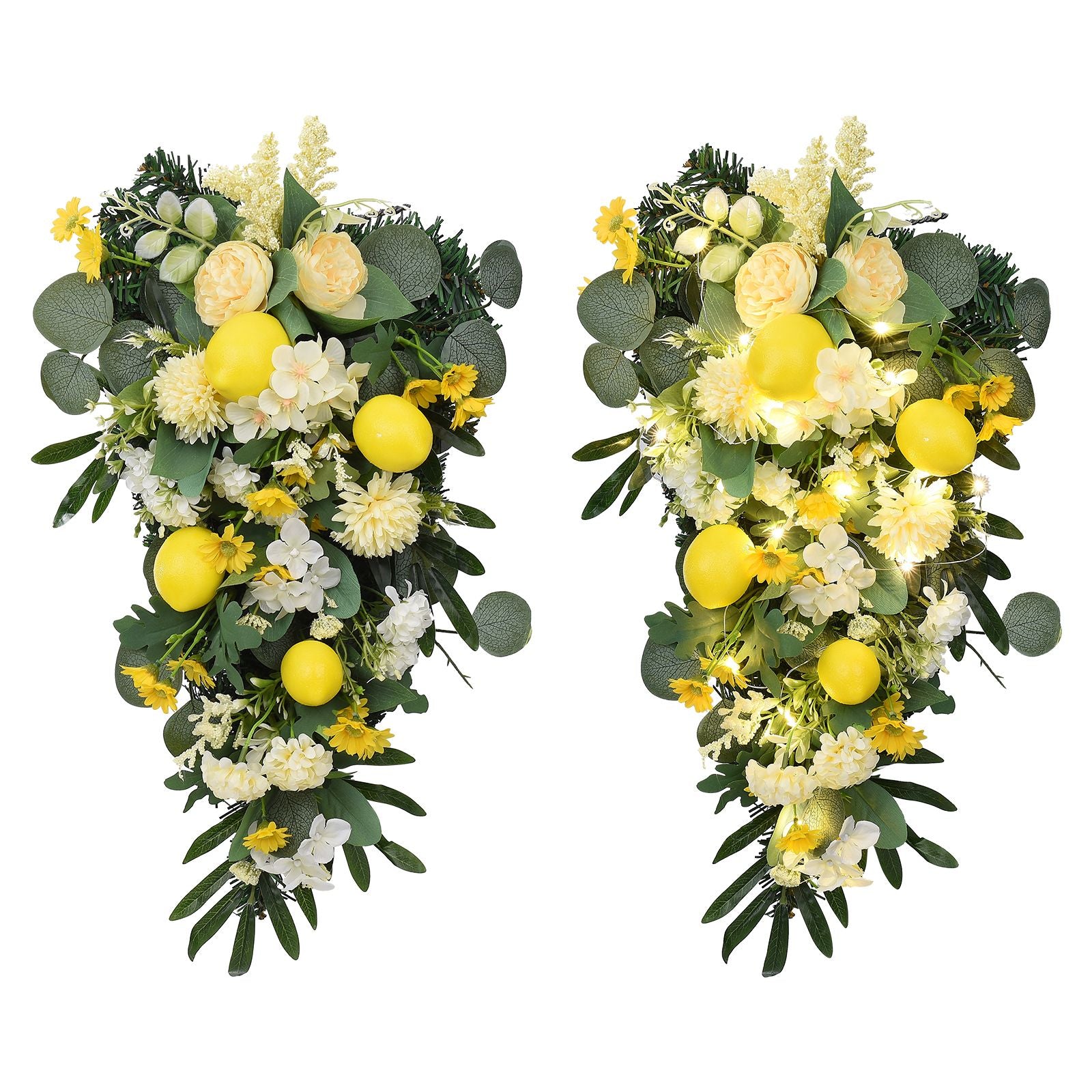 Spring Lemon Wreath Artificial Lemon Teardrop Wreath with Peony Flowers Green Leaves Decorative Fruit Wreath V1294-YM0523-220323TW02-2