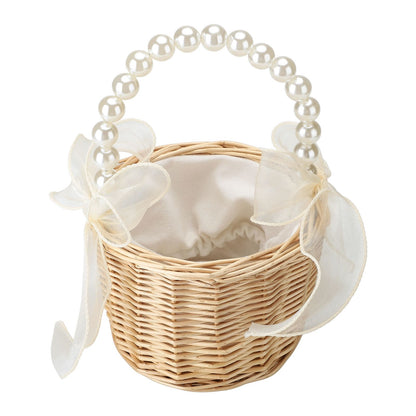 2pcs Pearl Carrying Basket Brown Rattan Small Pearl Handle Flower Basket for Wedding Gift Packaging V1294-YM0523-220331XY0138