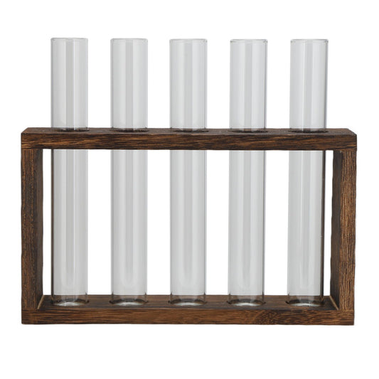 Tabletop Glass Tube Vase High Borosilicate Glass Pine Wood Frame Retro Tube Plant Vase for Hydroponic Plants V1294-YM0523-3111210273212