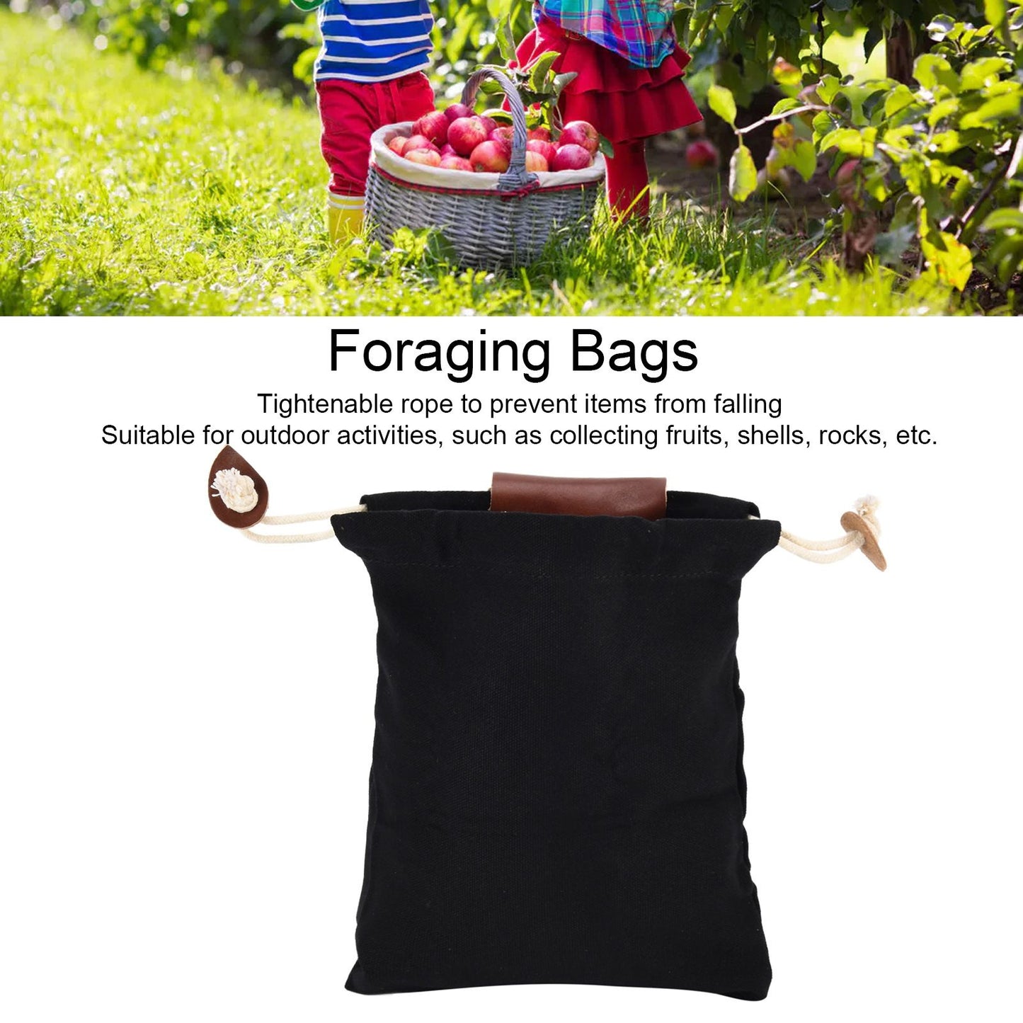 Leather Canvas Foraging Pouch Belt Fruit Picking Bag for Camping Fruit CollectingBlack V1294-YM0523-3111210325511