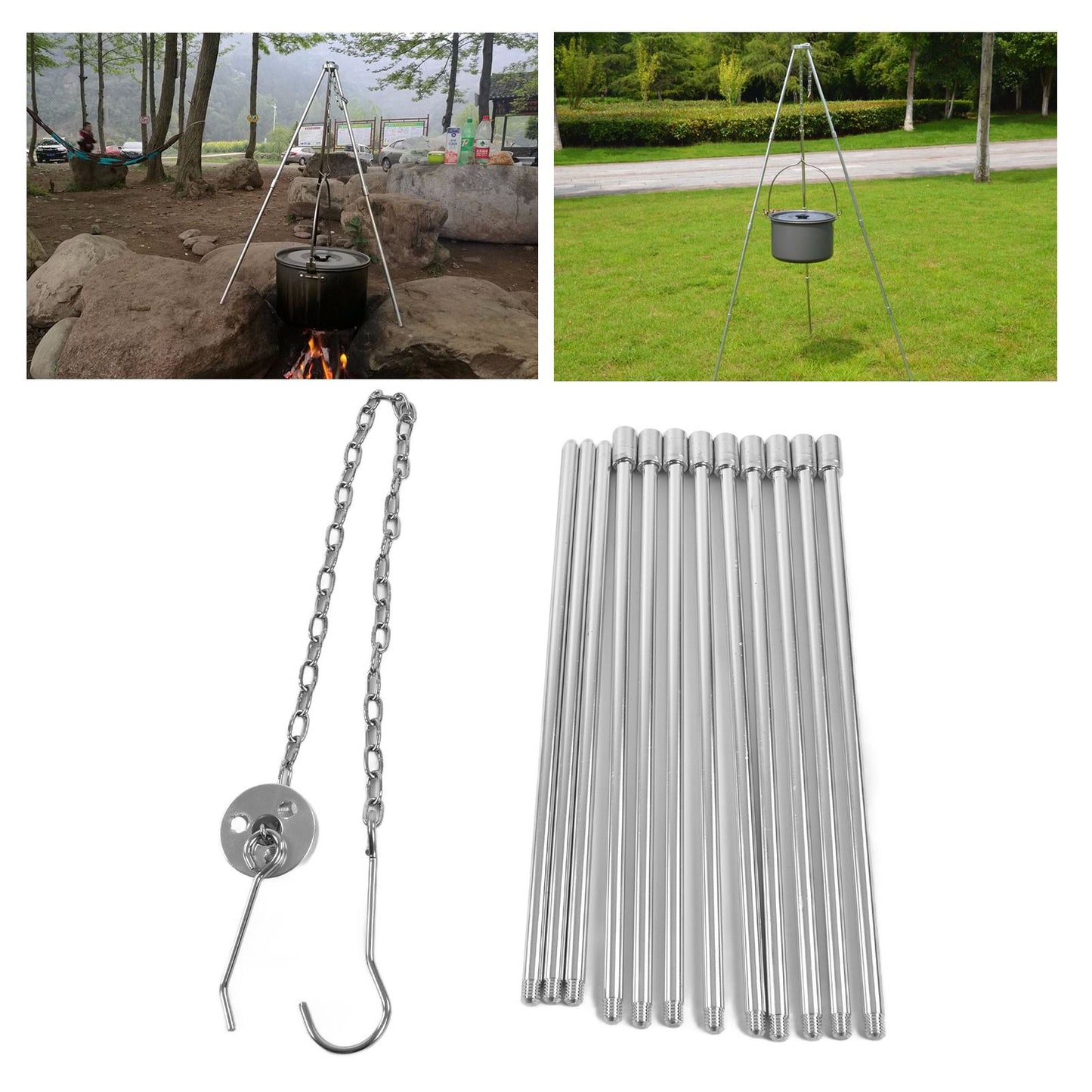 4 Section Campfire Tripod Portable Aluminum Alloy Hanging Pot Tripod for Outdoor V1294-YM0523-3111210336011