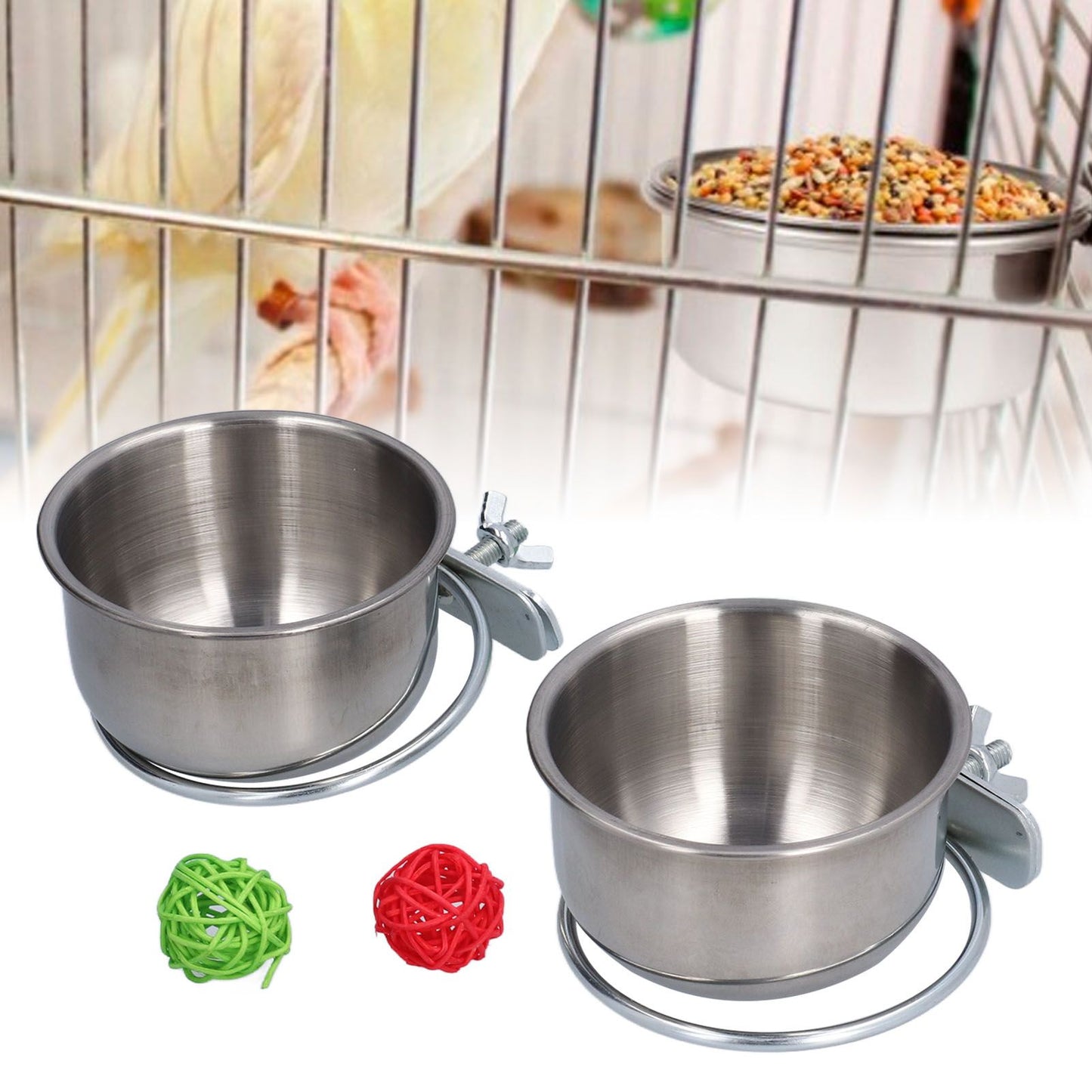 Stainless Steel Parrot Feeding Bowl with Rattan Ball for Hamster Small Animals V1294-YM0523-3111210374611
