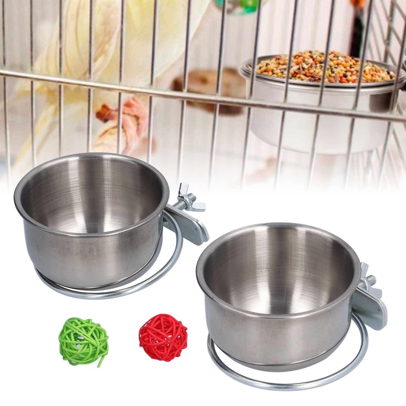 Stainless Steel Parrot Feeding Bowl with Rattan Ball for Hamster Small Animals V1294-YM0523-3111210374611