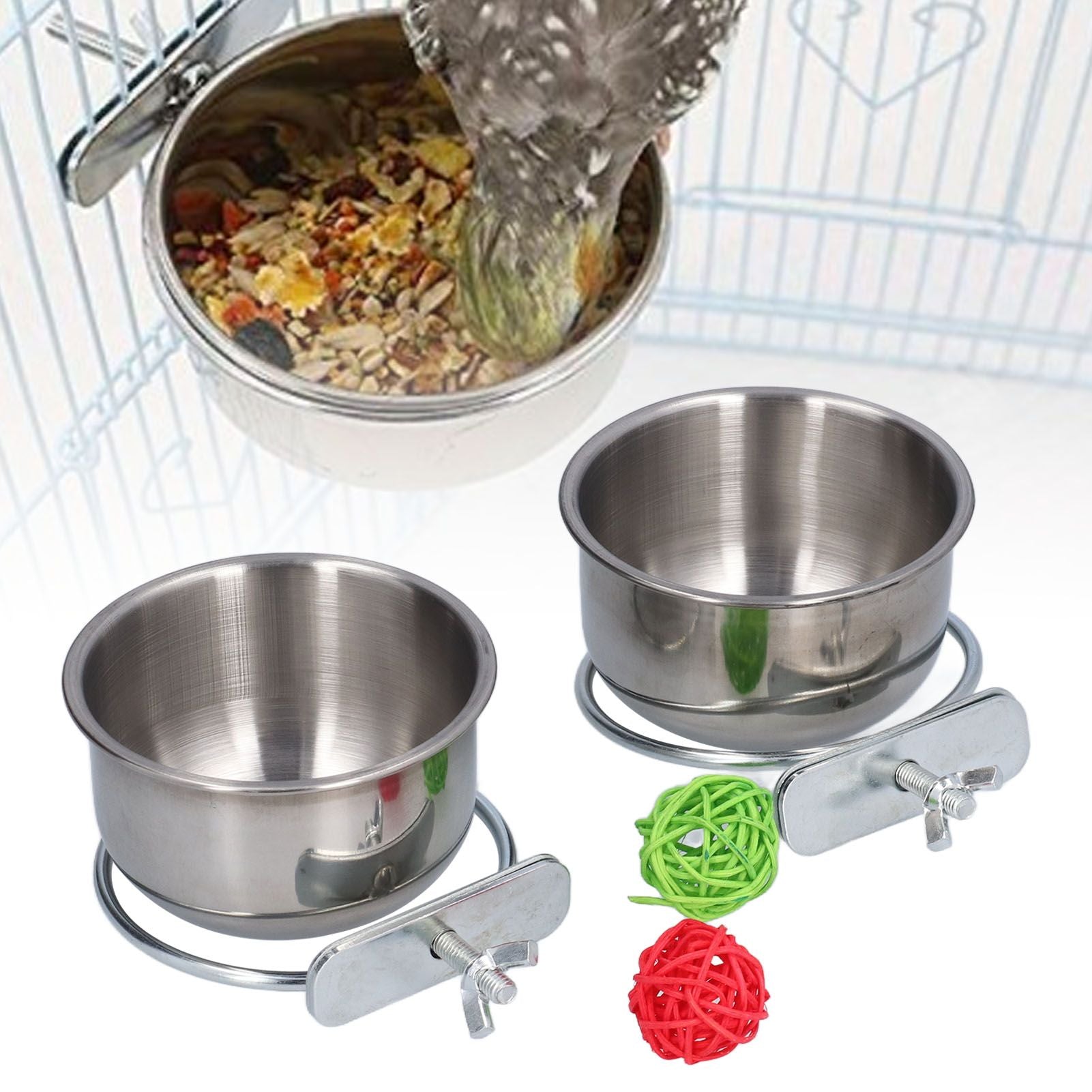 Stainless Steel Parrot Feeding Bowl with Rattan Ball for Hamster Small Animals V1294-YM0523-3111210374611