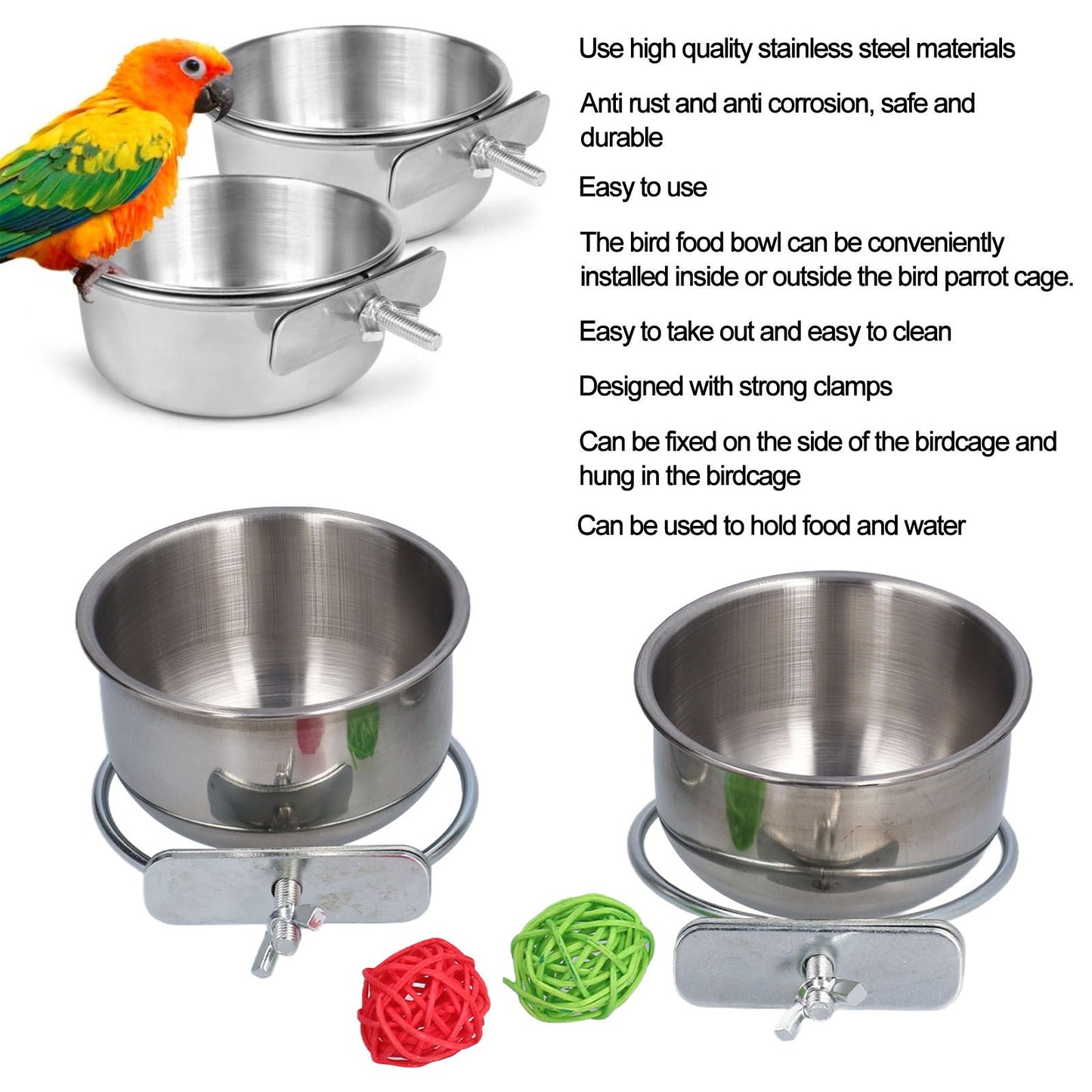 Stainless Steel Parrot Feeding Bowl with Rattan Ball for Hamster Small Animals V1294-YM0523-3111210374611