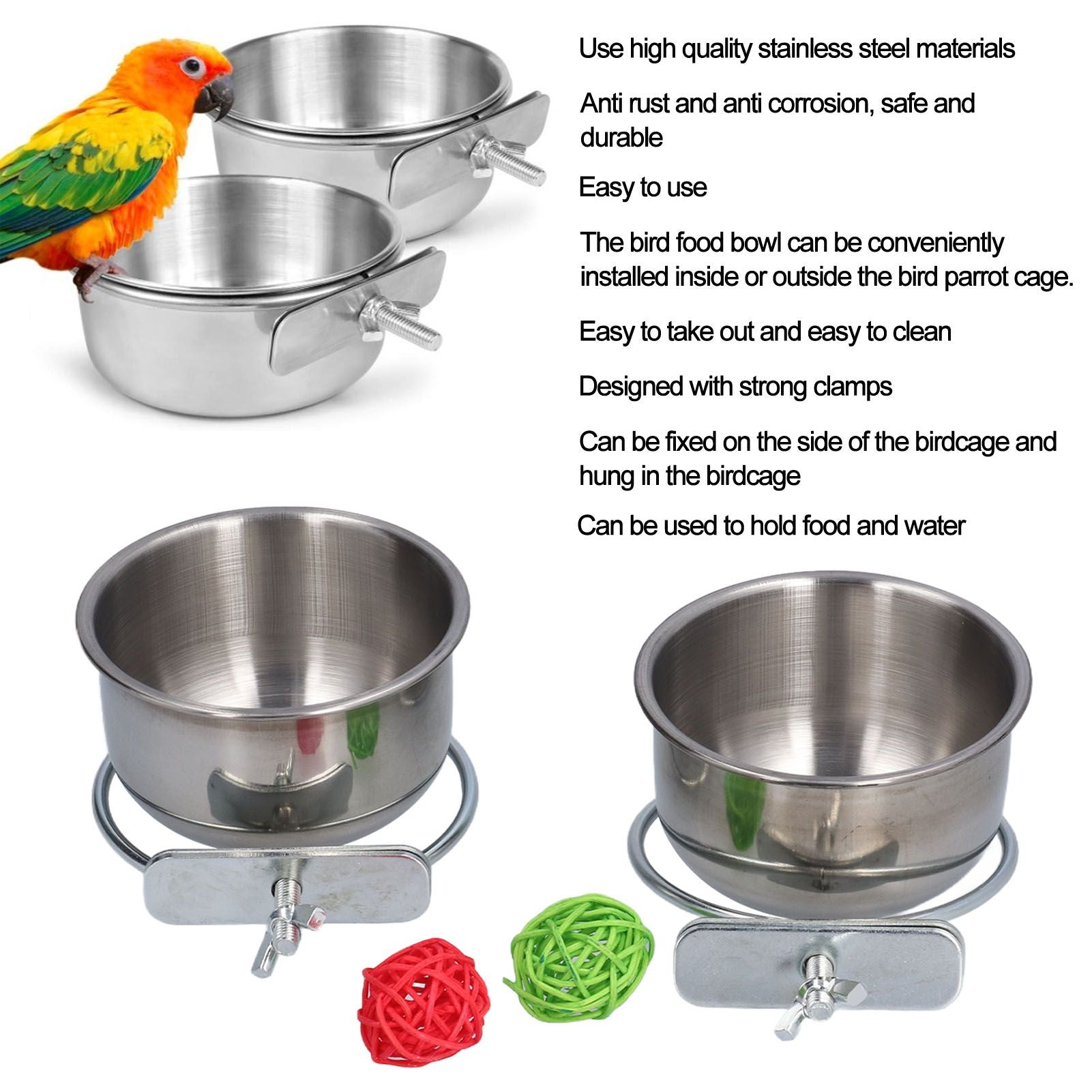 Stainless Steel Parrot Feeding Bowl with Rattan Ball for Hamster Small Animals V1294-YM0523-3111210374611